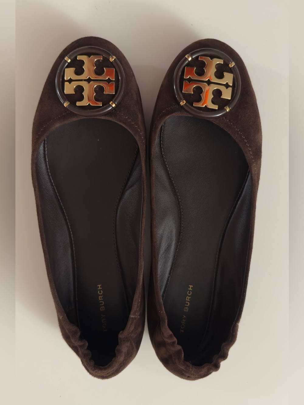 Tory Burch Dark Brown Suede Logo Round-Toe Ballet Flats